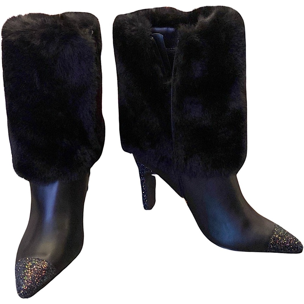 Faux Leather Black Faux Fur Top Boots. Booties Multi Glitter Block Heel Sz 10